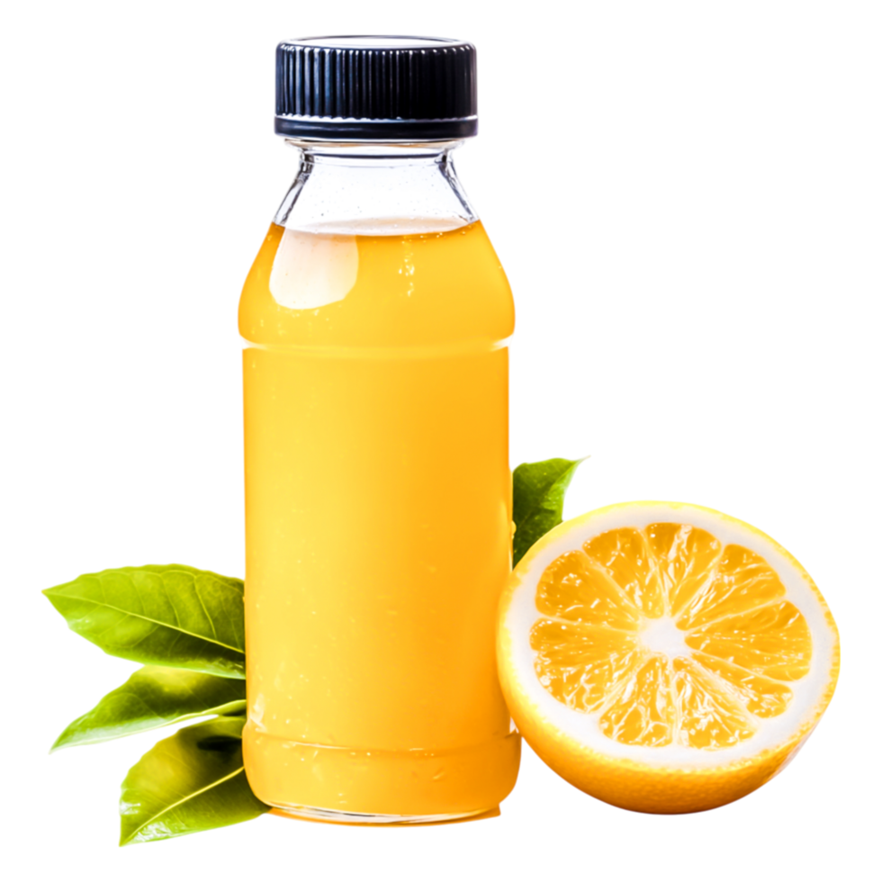Fresh Lemonade in Bottle with Lemon Slice and Green Leaves on png