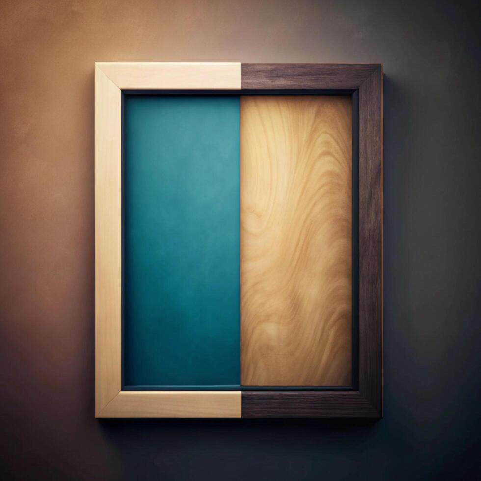 A Stunning Split Frame Displaying a Teal Surface and a Light Brown Wooden Panel photo