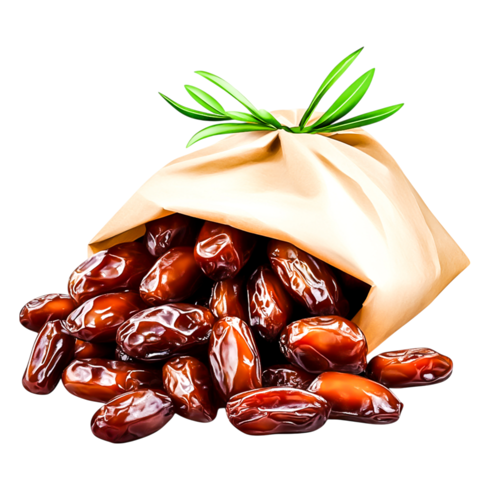 Fresh Dates in Paper Bag with Green Leaves on png