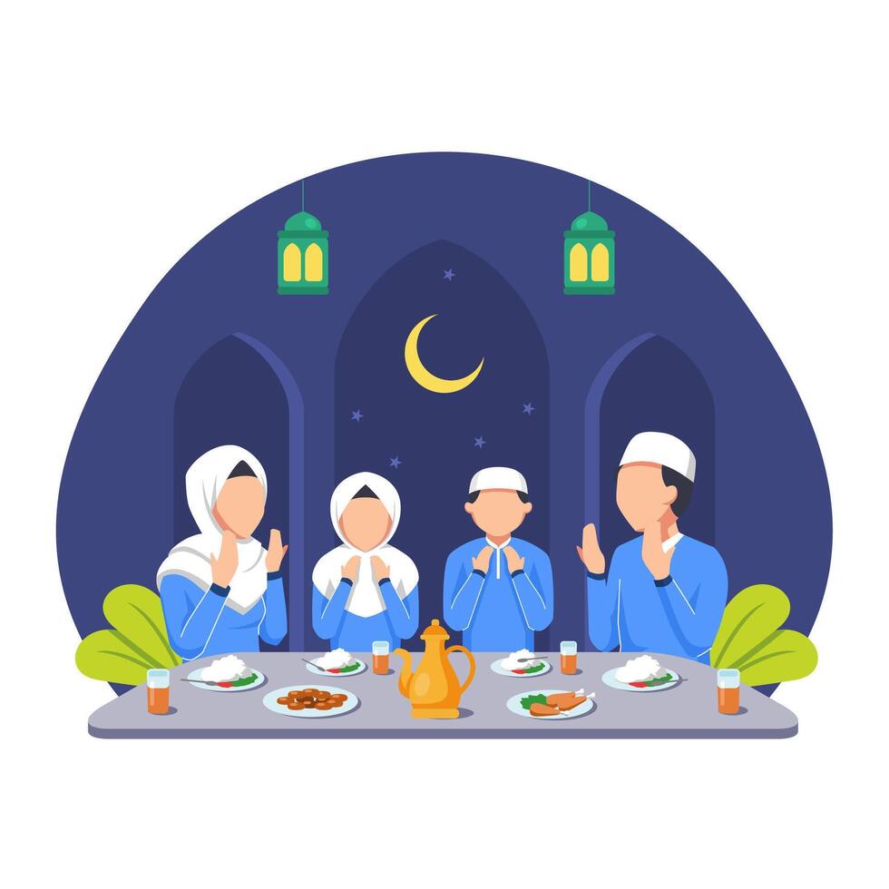 Muslim Family Having Meal Together with Family. Break Fasting activity vector