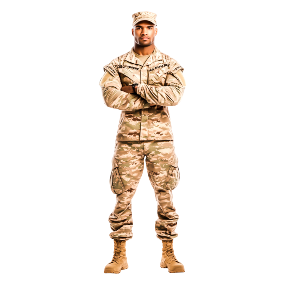 Confident Male Soldier in Camouflage Uniform Posing Strongly png
