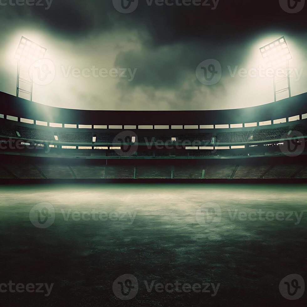 An empty baseball stadium with lights shining on it photo