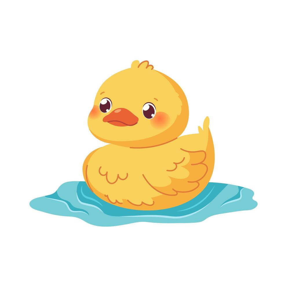 Cute kawaii duck on white background. Yellow duckling swimming in the water. Cartoon character vector