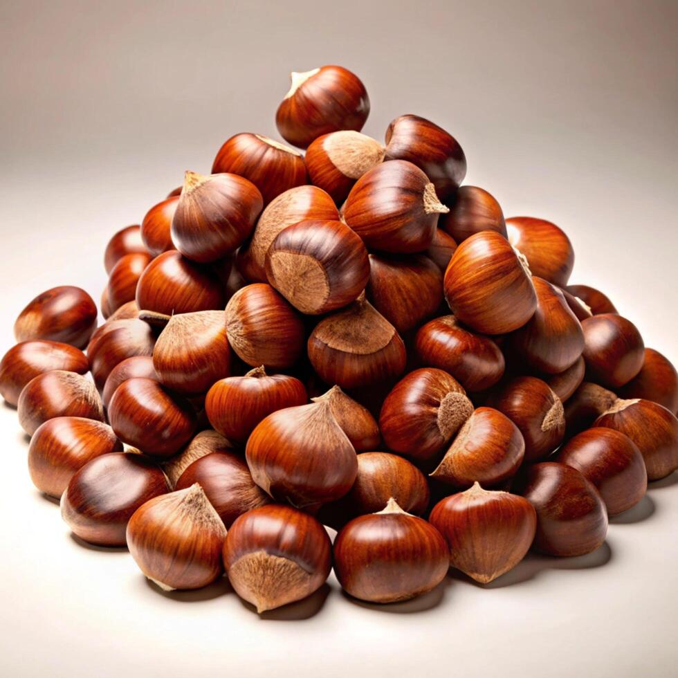 A large pile of shiny brown chestnuts, freshly harvested and ready to be roasted or used in culinary delights photo