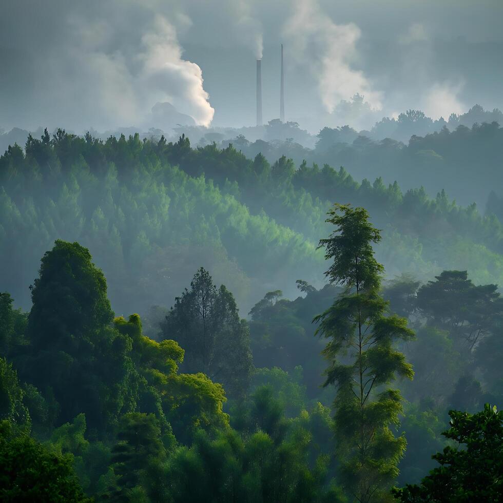 A view of a forest with smoke coming out of the trees photo