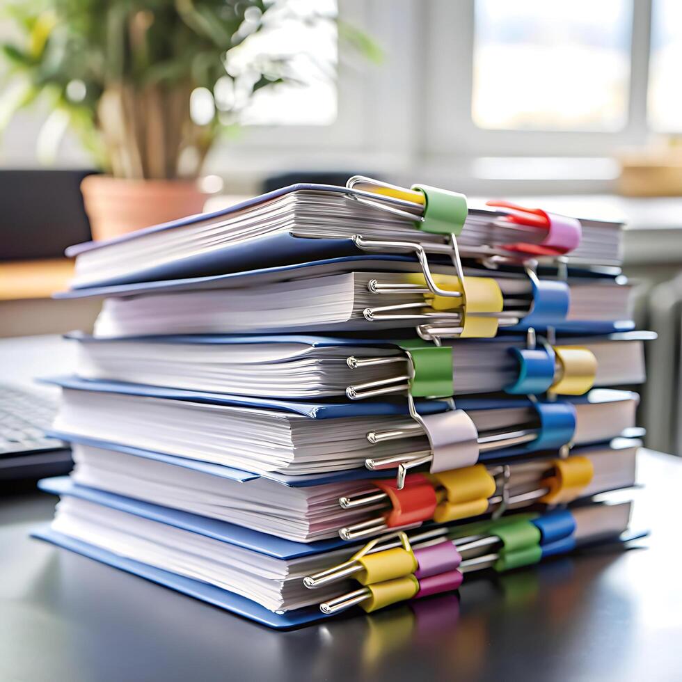 A large stack of organized files and documents in blue folders with colorful binder clips photo