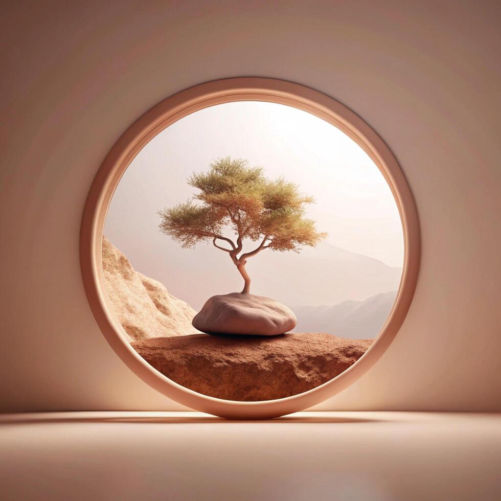 Serene Minimalist Landscape with a Small Tree on a Rock in a Circular Window photo