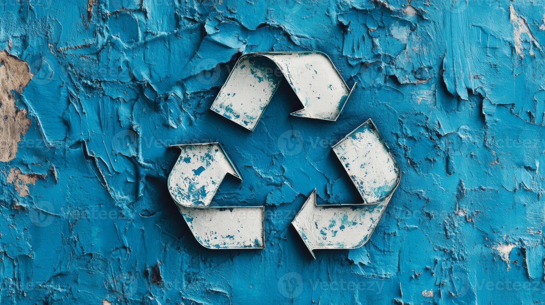 Recycling symbol mounted on a weathered blue wall with space for custom text photo
