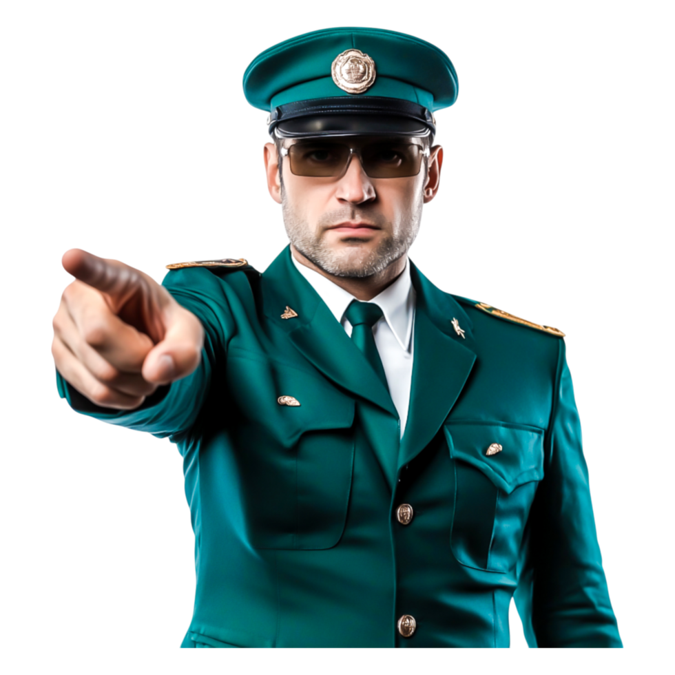 Confident Male Officer in Uniform Pointing with Authority and Focus png