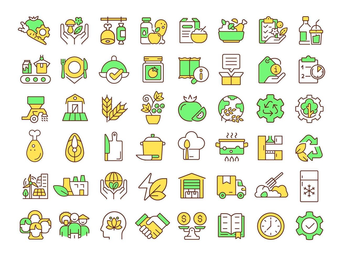 Sustainable food systems RGB color icons set. Products safety, transportation service. Cooking process. Isolated illustrations. Simple filled line drawings collection. Editable stroke vector