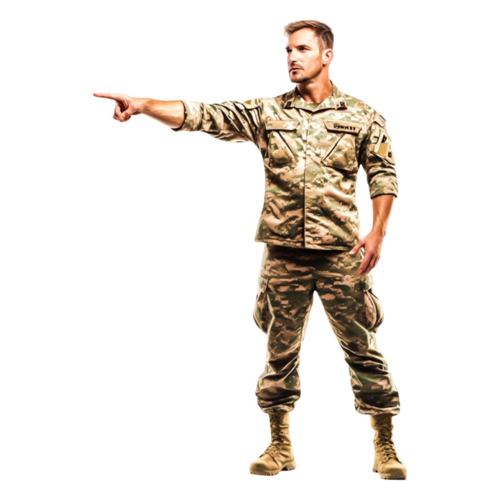Military Personnel in Camouflage Uniform Pointing with Determination png