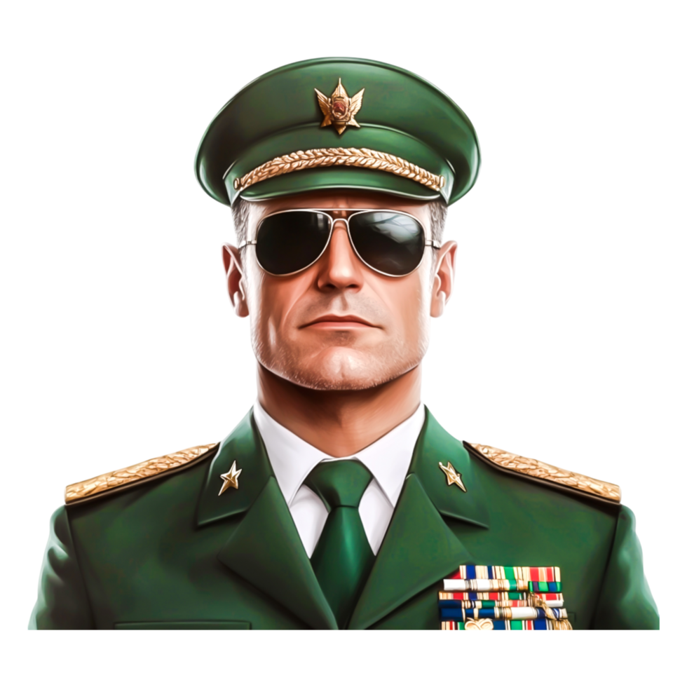 Confident Military Officer in Uniform with Sunglasses and Medals png