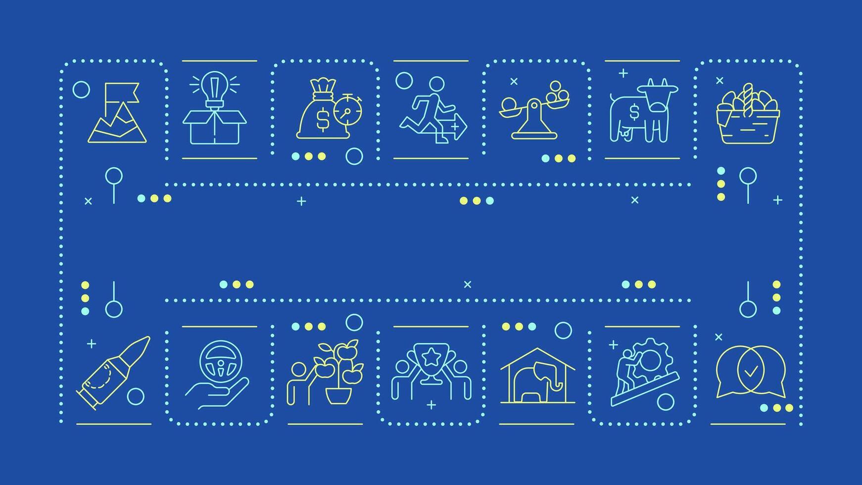 Business idioms teal word concept. Leadership, partnership. Team work organization. Horizontal image. Headline text surrounded by editable outline icons vector