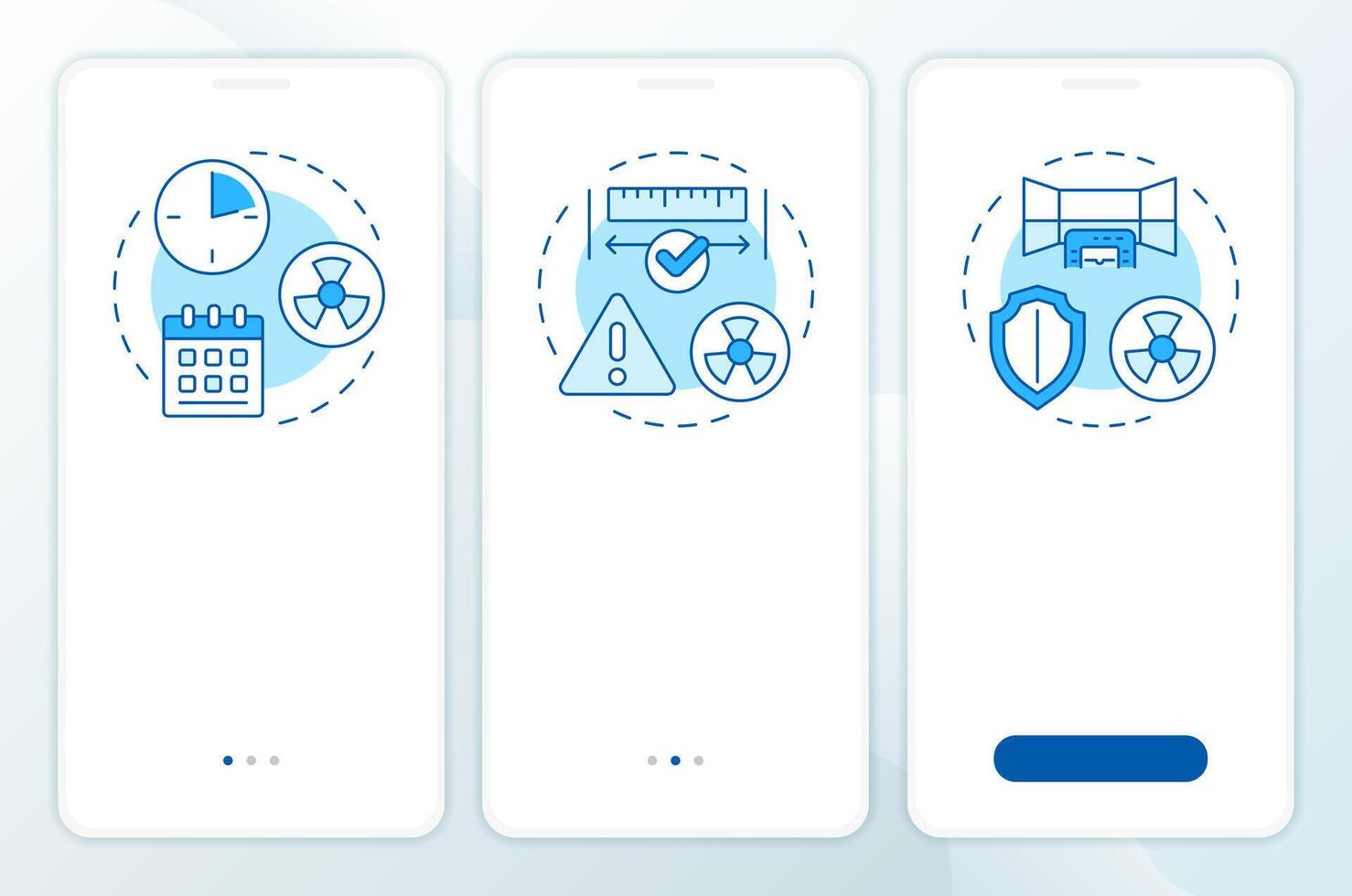 Radiation exposure principles blue onboarding mobile app screen. Walkthrough 3 steps editable graphic instructions with linear concepts. UI, UX, GUI template vector