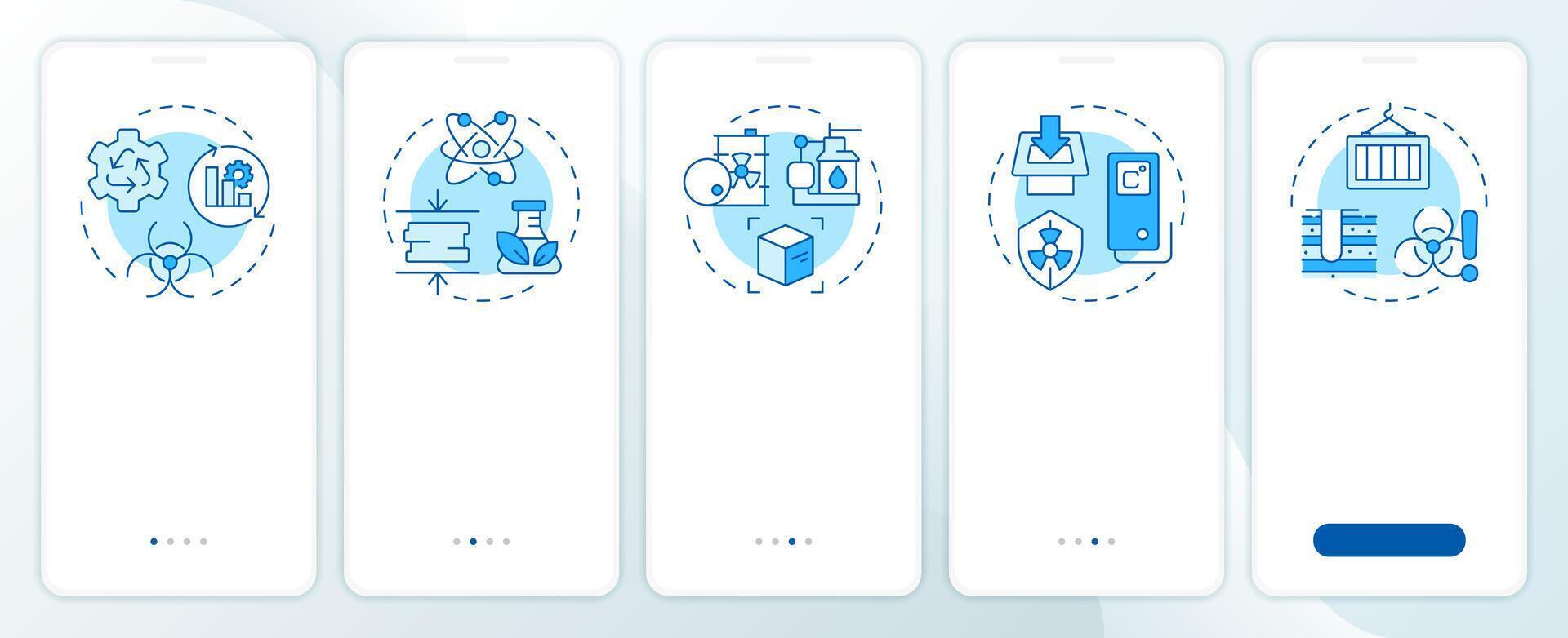 Radioactive waste management blue onboarding mobile app screen. Walkthrough 5 steps editable graphic instructions with linear concepts. UI, UX, GUI template vector
