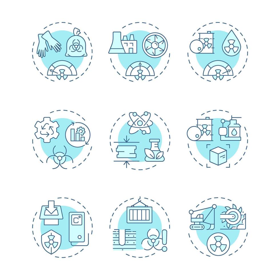 Nuclear waste management soft blue concept icons. Radioactive materials treatment techniques. Environment care. Icon pack. Round shape illustrations for presentation. Abstract idea vector