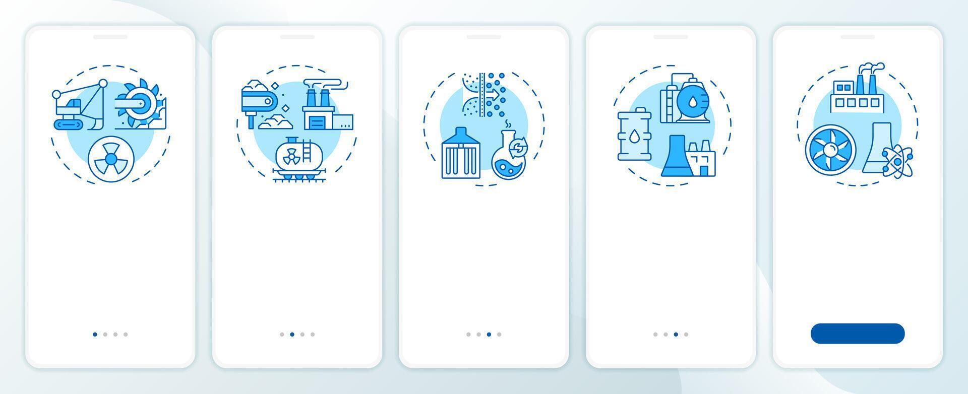 Nuclear fuel cycle blue onboarding mobile app screen. Power. Walkthrough 5 steps editable graphic instructions with linear concepts. UI, UX, GUI template vector