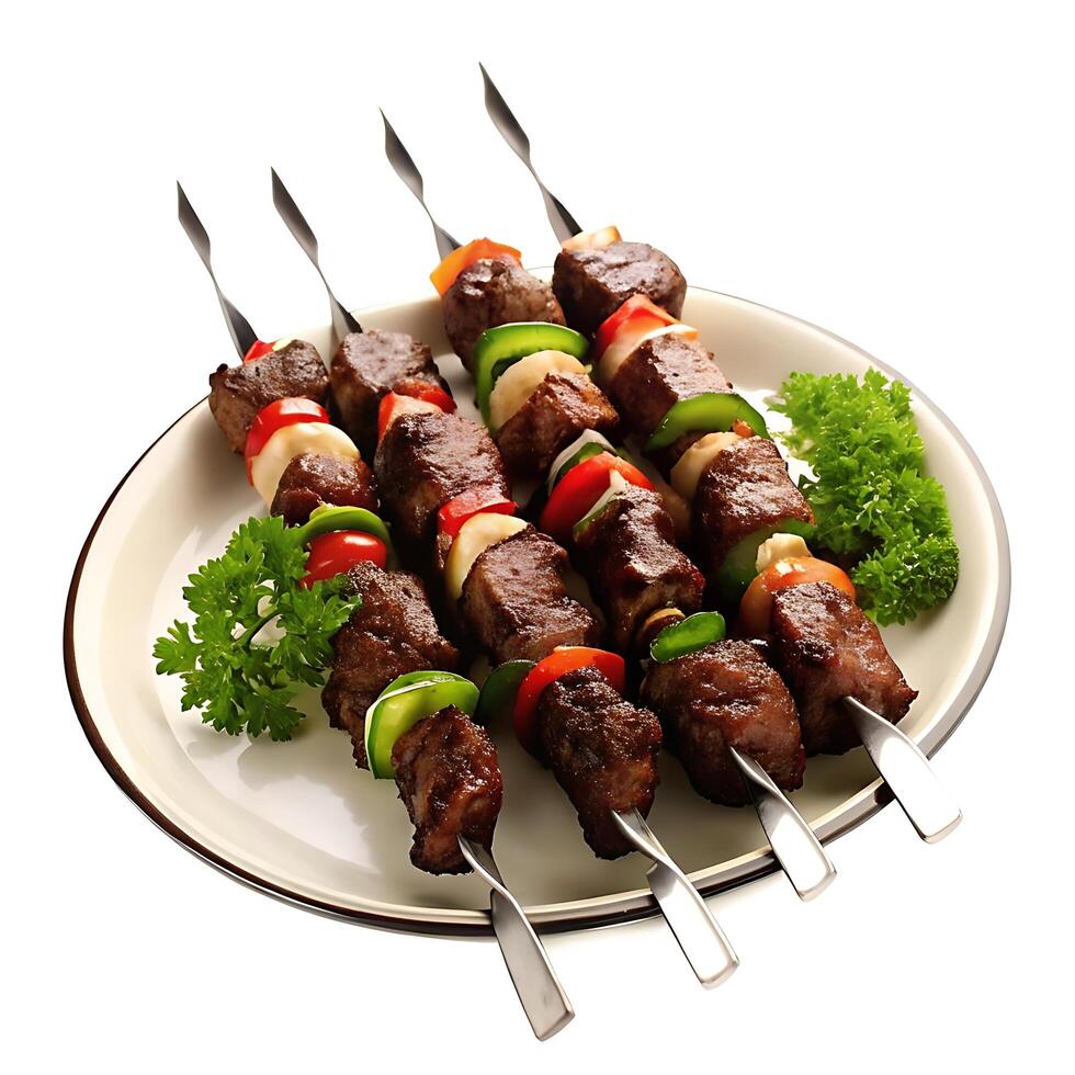 flavorful grilled meat kebabs on skewers with fresh parsley photo
