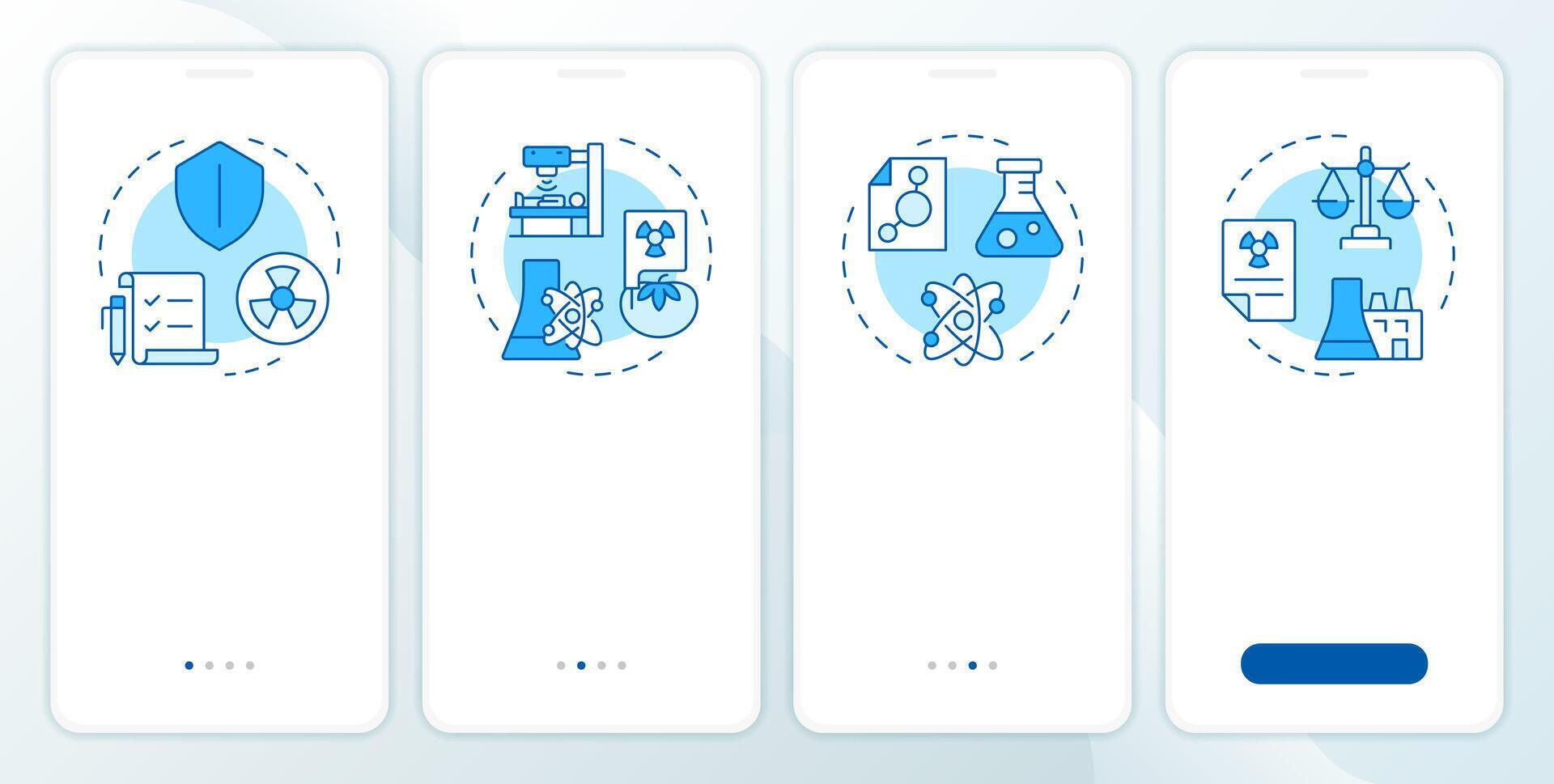 Nuclear applications blue onboarding mobile app screen. Radiation. Walkthrough 4 steps editable graphic instructions with linear concepts. UI, UX, GUI template vector