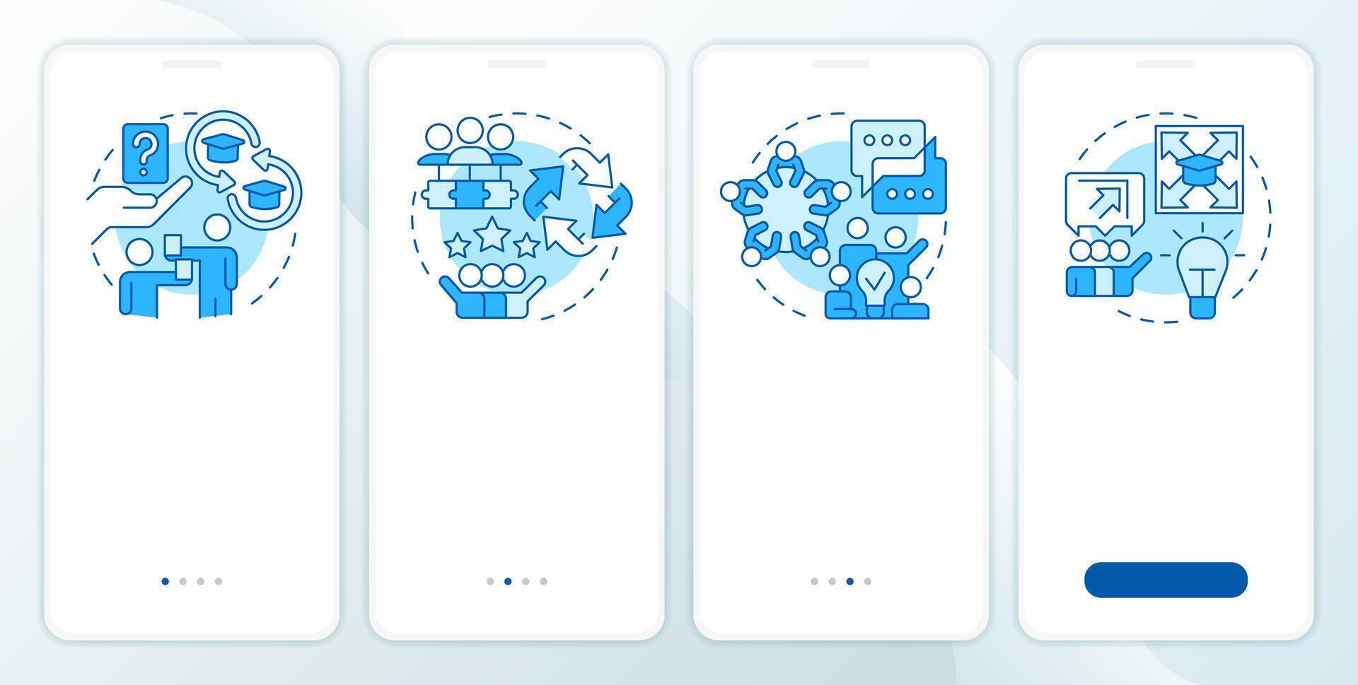 Team learning strategies blue onboarding mobile app screen. Walkthrough 4 steps editable graphic instructions with linear concepts. UI, UX, GUI template vector