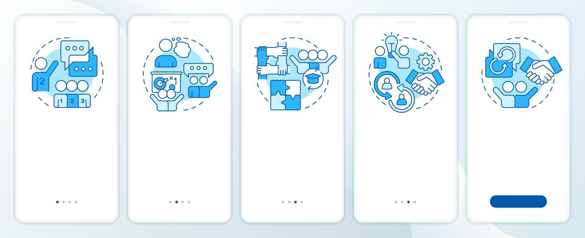 Team learning structures blue onboarding mobile app screen. Walkthrough 5 steps editable graphic instructions with linear concepts. UI, UX, GUI template vector