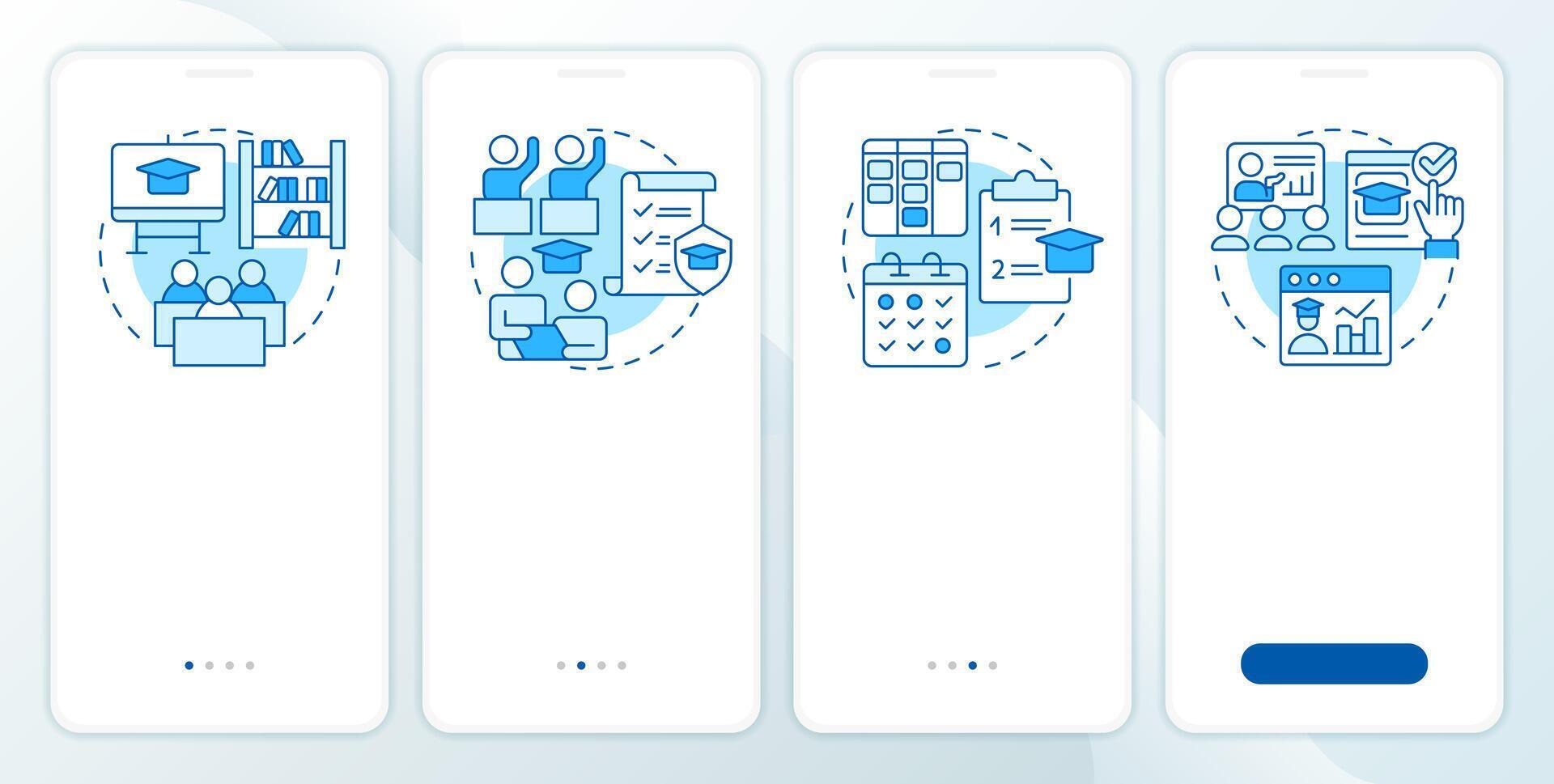 Classroom organization blue onboarding mobile app screen. Walkthrough 4 steps editable graphic instructions with linear concepts. UI, UX, GUI template vector