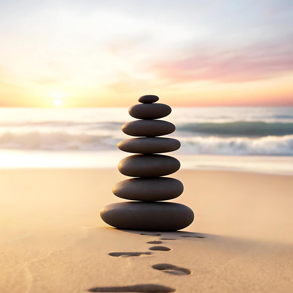 A stack of stones on the beach at sunset photo