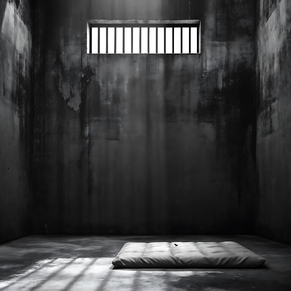 A solitary confinement cell with a thin mattress on the floor and a barred window high on the wall photo