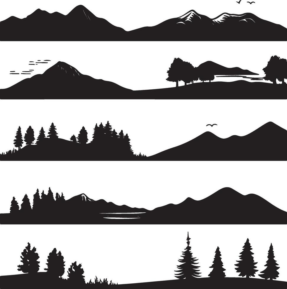 mountains and trees silhouettes set of illustrations vector