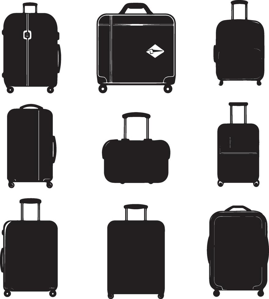 set of black luggage silhouettes on white background vector