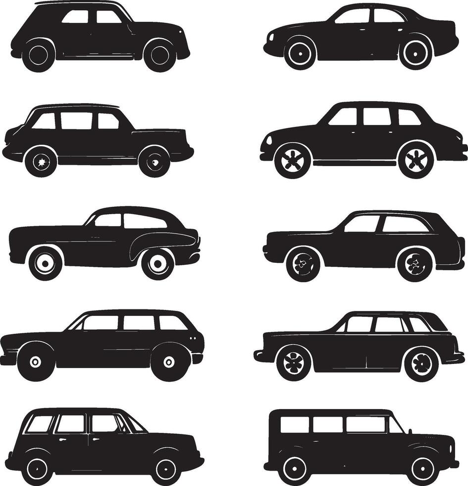 A collection of silhouettes featuring various car models. vector