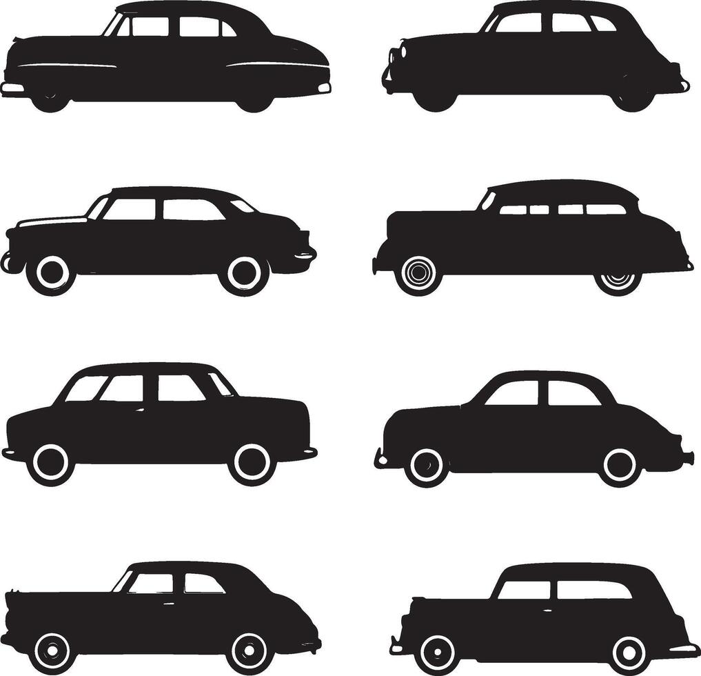 A collection of silhouettes showcasing various types of cars. vector