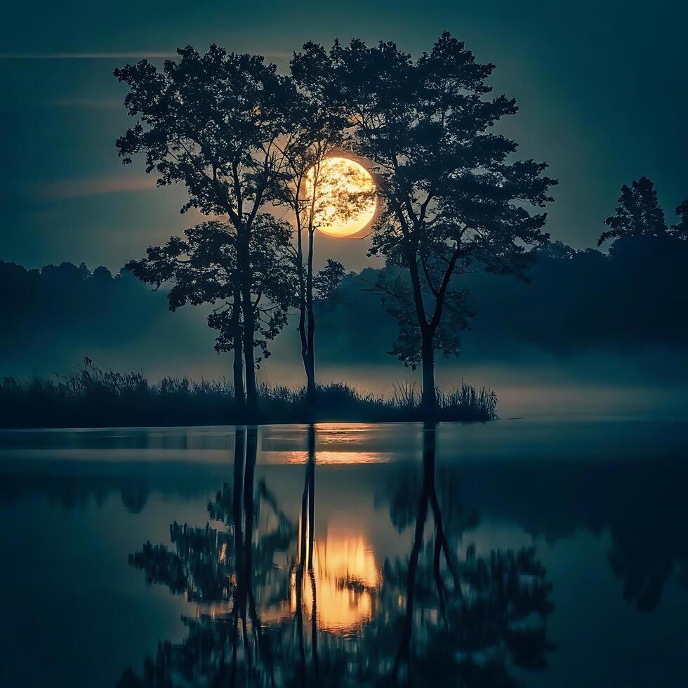 Serene Night Scene with Full Moon over Silhouetted Trees and Calm Lake Reflection photo