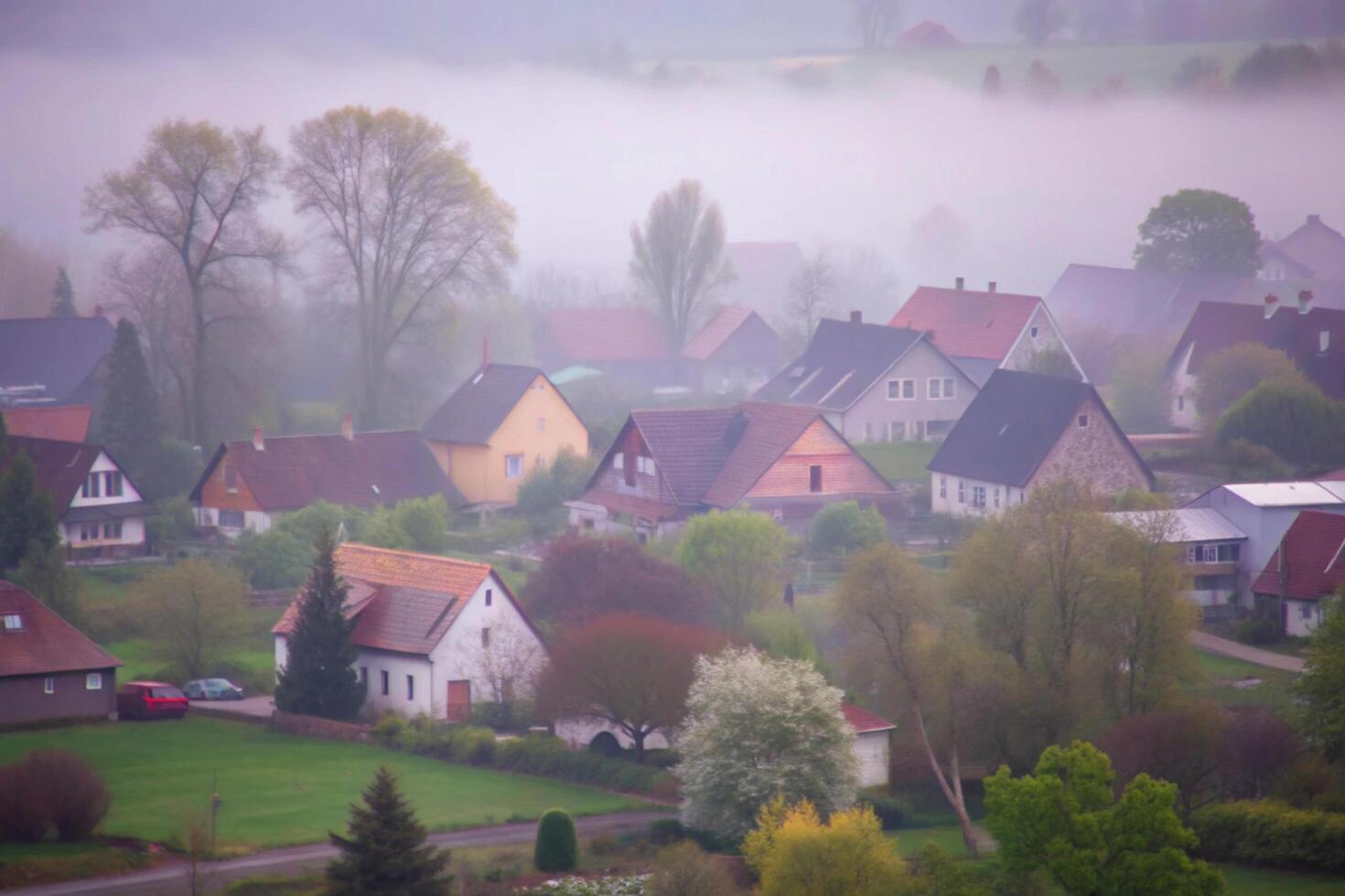 Misty Morning in a Picturesque European Village with Houses and Lush Greenery photo