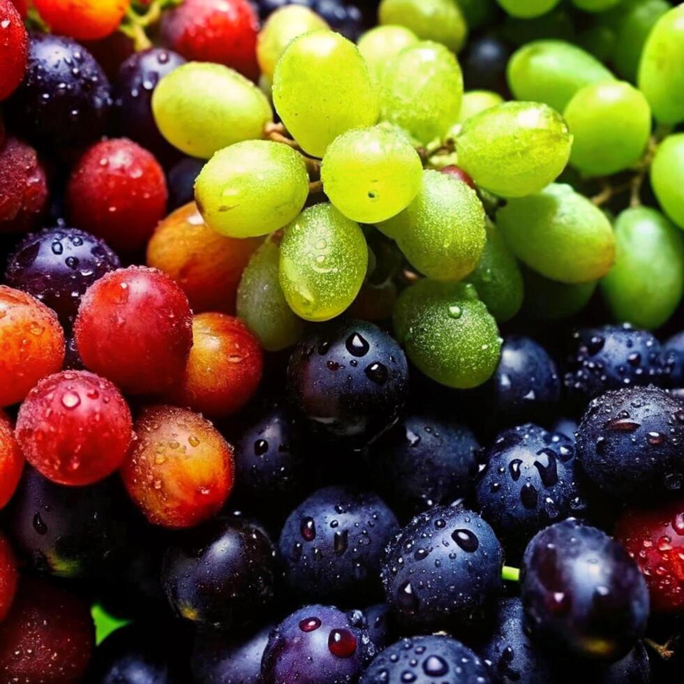 A Closeup View of Red Green and Black Grapes with Water Droplets photo