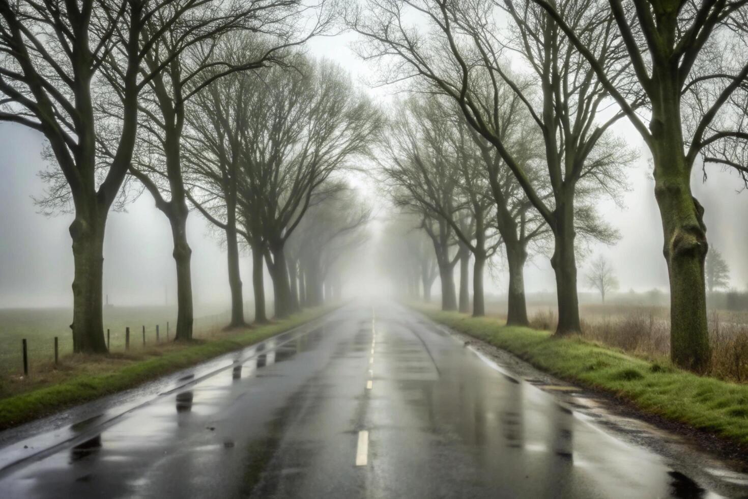 Misty Road Through a Line of Trees on an Overcast Day photo