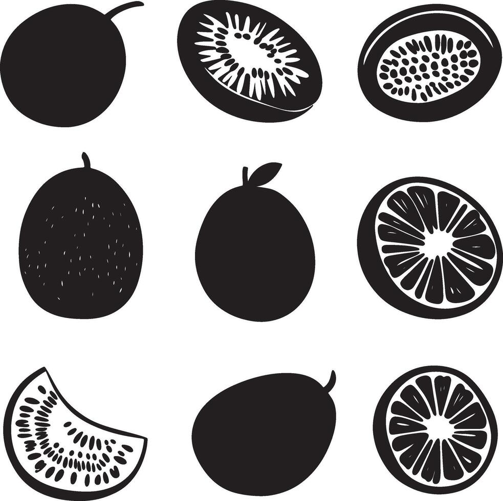 a set of black and white fruit silhouettes vector