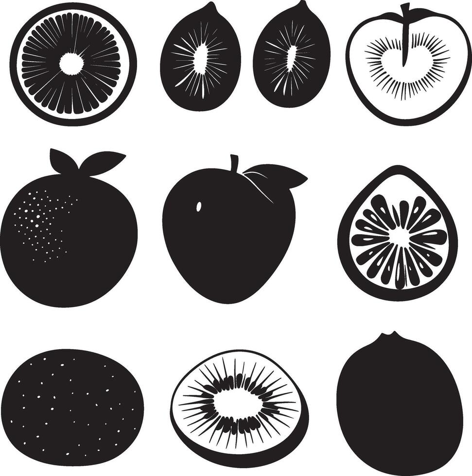 black and white fruit silhouettes on a white background vector