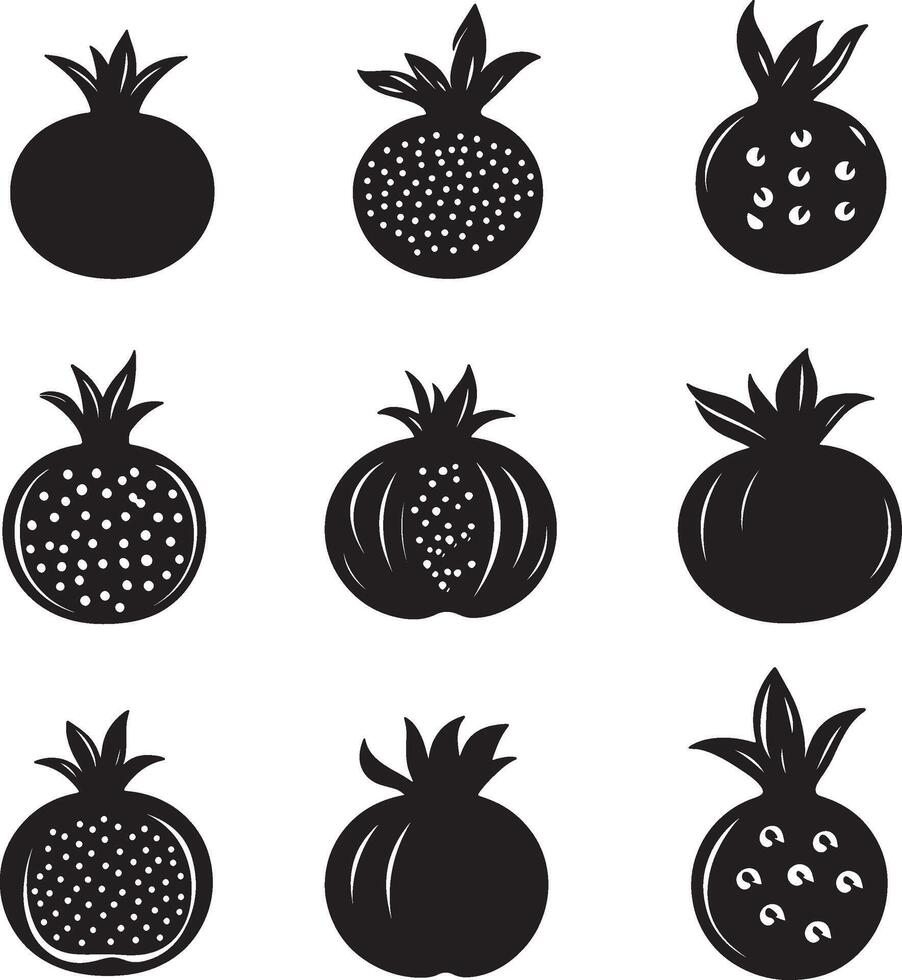 A series of pomegranate icons in black and white. vector