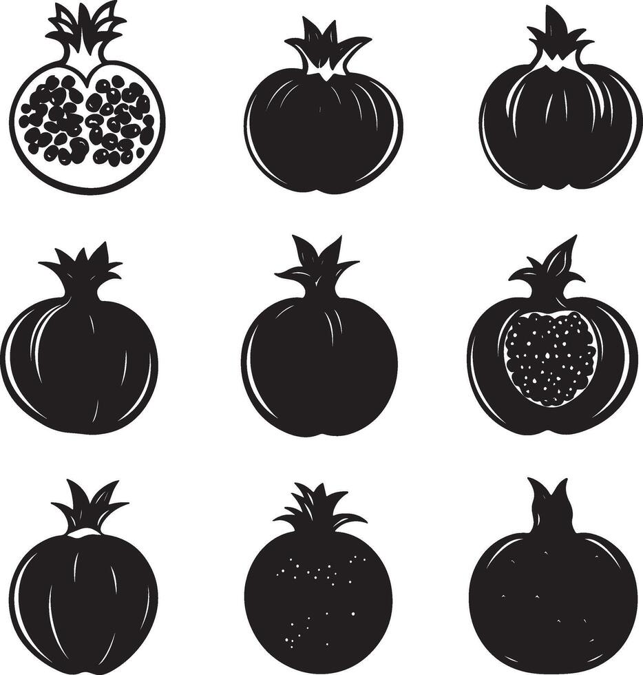 Assorted pomegranate silhouettes displayed in a black and white style. vector