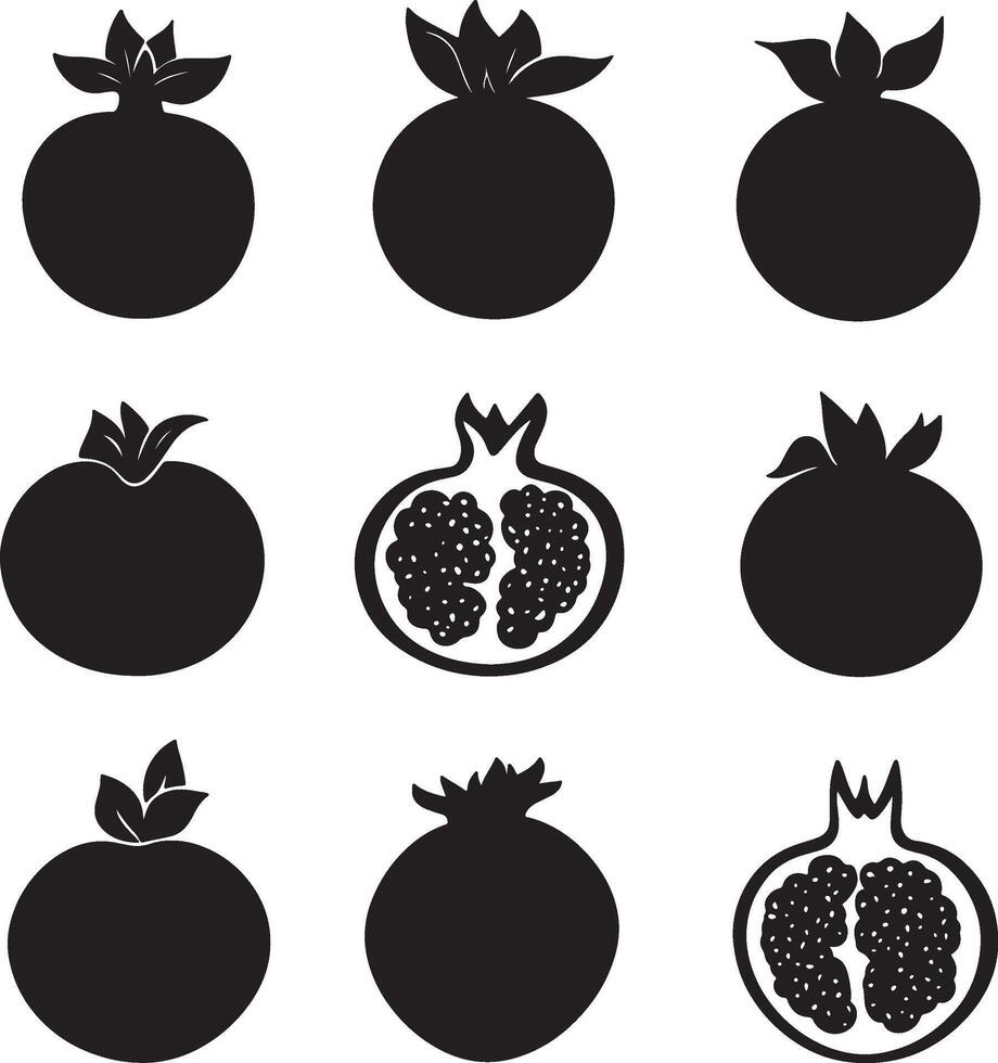 black pomegranate icons set vector