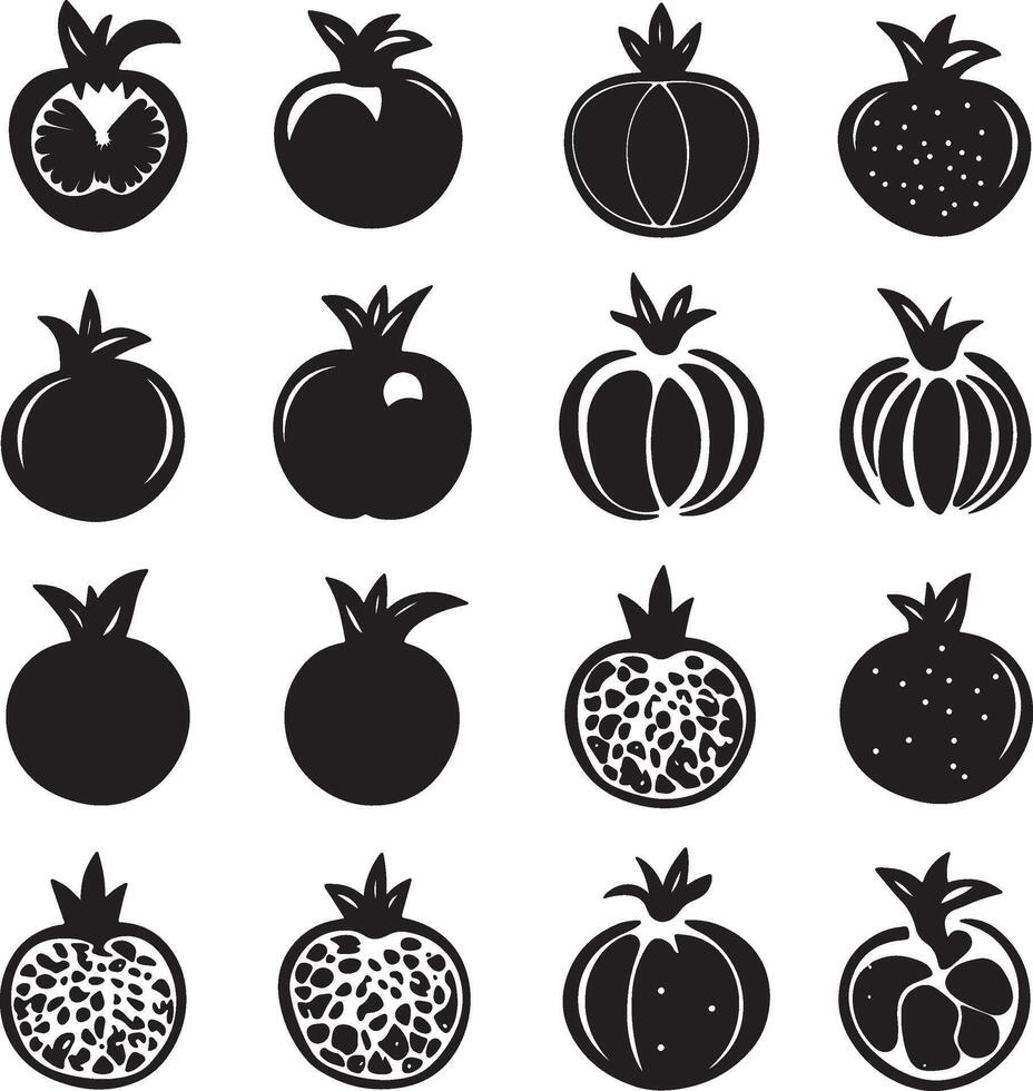 A collection of black and white silhouettes featuring different fruits. vector