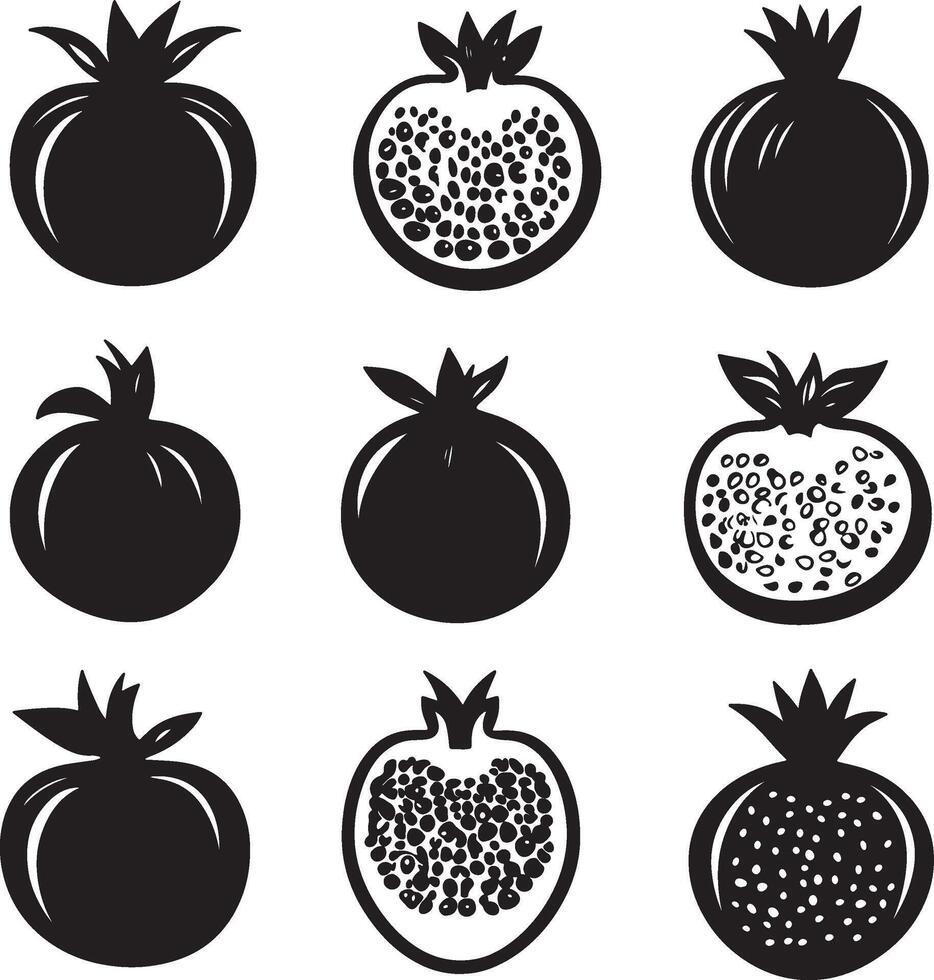Set of black and white pomegranate icons. vector