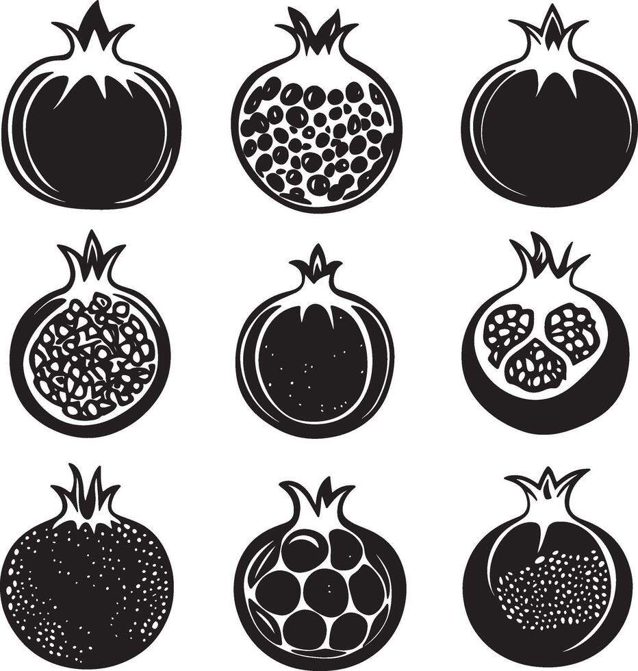 Assorted pomegranate silhouettes presented in a black and white style. vector
