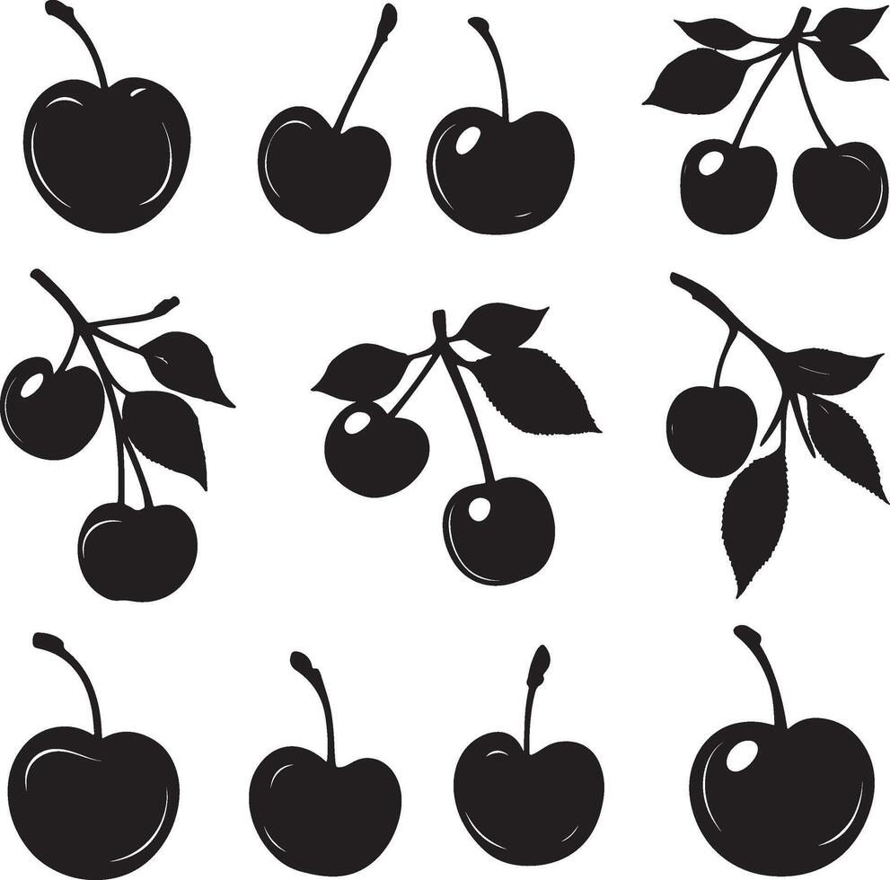 cherries on a branch set of black silhouettes vector