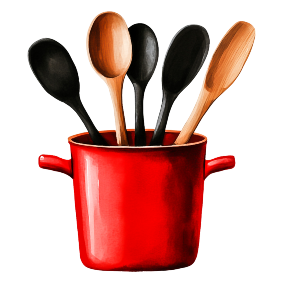 Colorful Kitchen Utensils in Red Container for Culinary Arts png