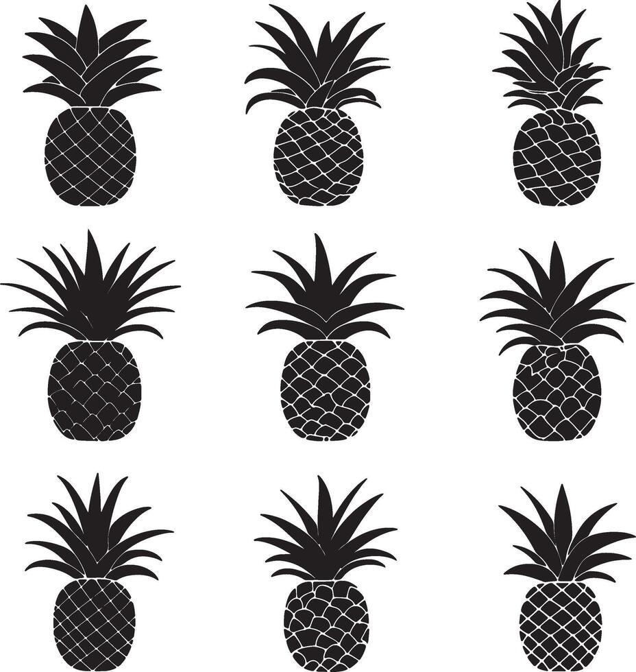 pineapple silhouette set, black and white illustration vector