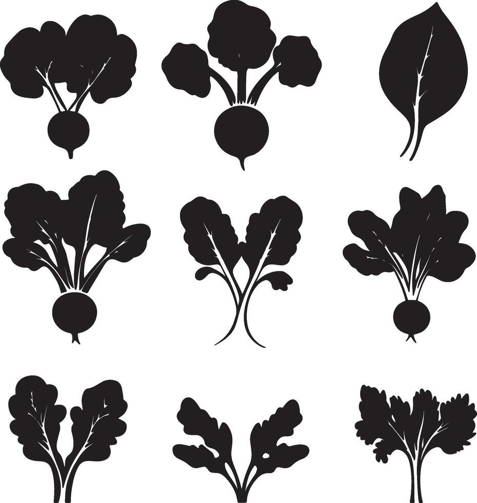 Black and white vegetable silhouettes in a variety of shapes. vector