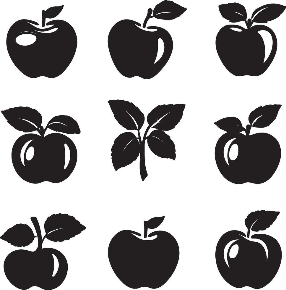 Collection of black apple icons displayed against a white backdrop. vector