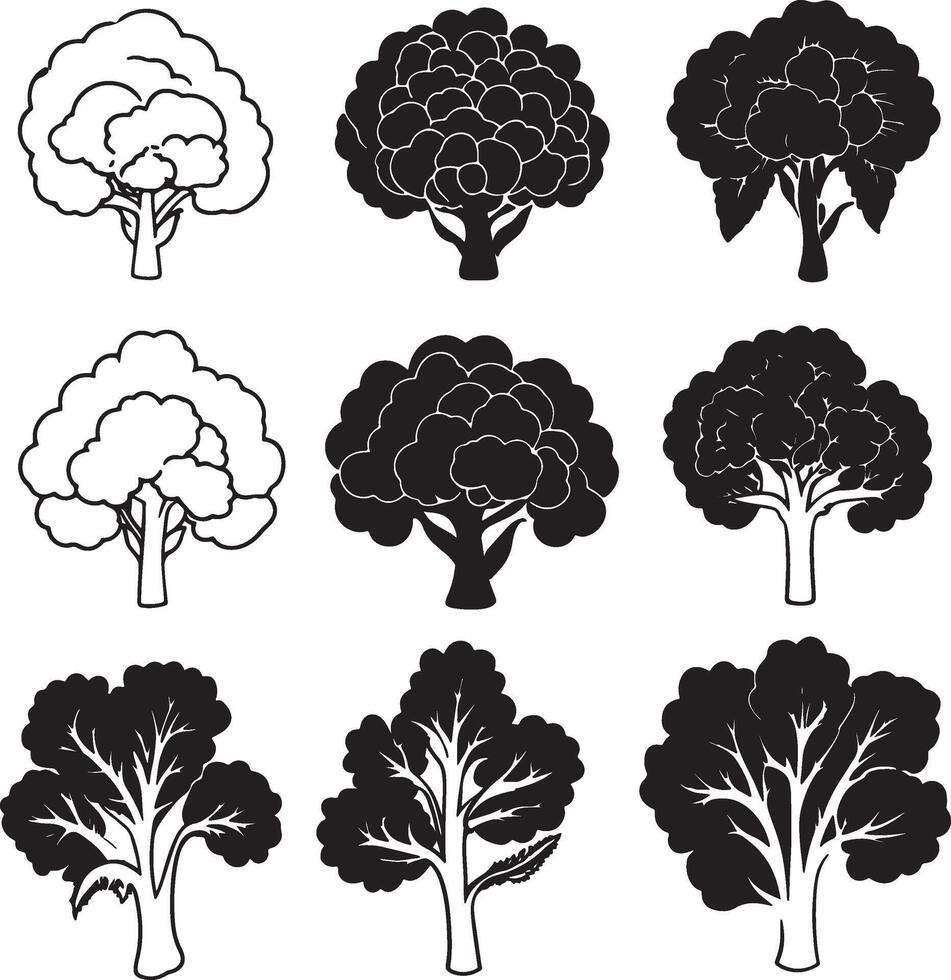 black and white broccoli trees icons set vector